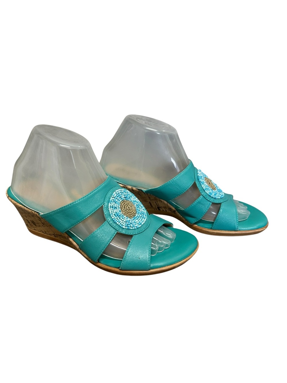 Softspots Aqua Leather Beaded Wedge Sandals Size  7 1/2